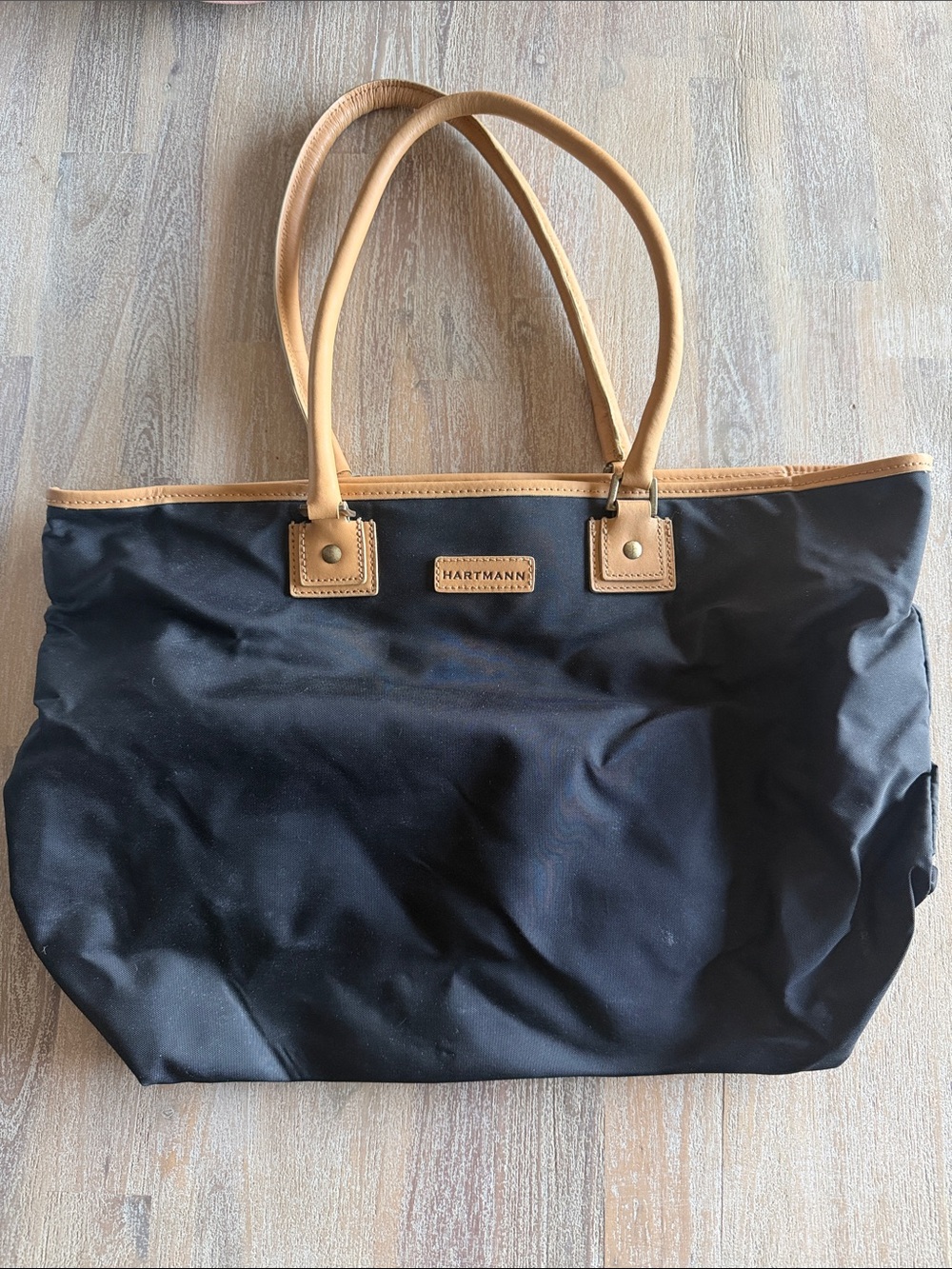 Hartmann Black Tote with Tan Leather Trim